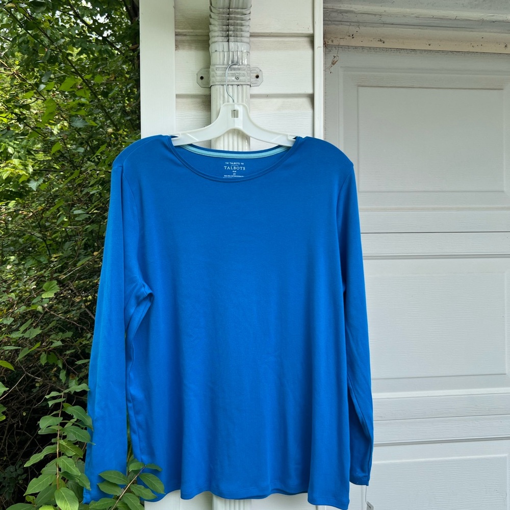NWT Talbots Pretty Teal Blue Ballet Neck Pima Cotton Long Sleeve Top